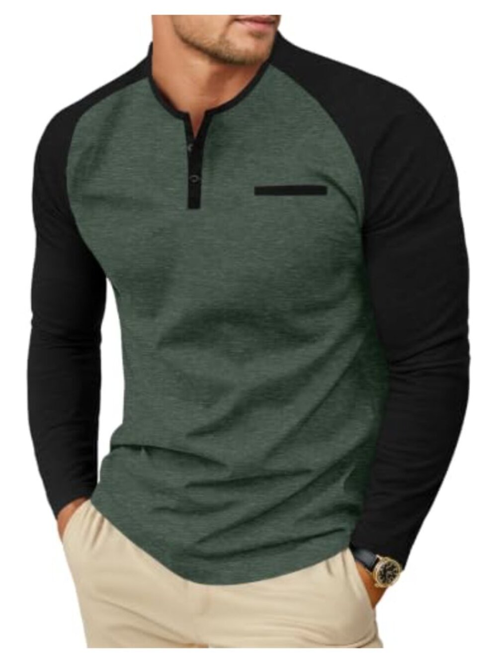 Mens Long Sleeve Henley Shirt Cotton Button Pocket Casual Tee